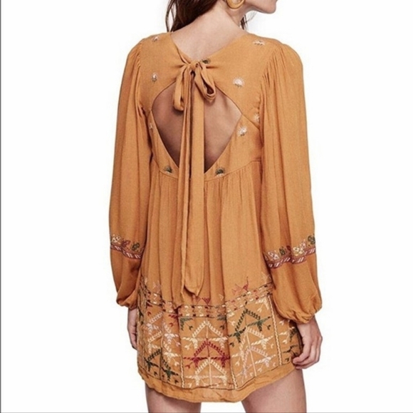 Free People Rhiannon Mustard Embroidered Mini Dress Boho - Sz Small - Picture 2 of 15